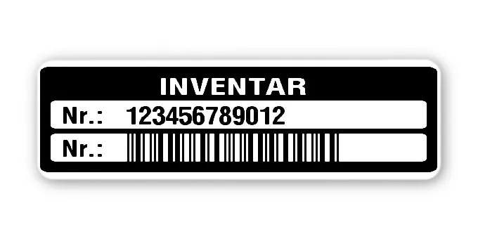 Inventaretiketten Material:Polyethylen-Folie hochglänzend weiß Größe:50x15mm Kopfzeile:"Inventar" Barcode:2a5 interleaved Stellenanzahl:12-stellig Menge:500