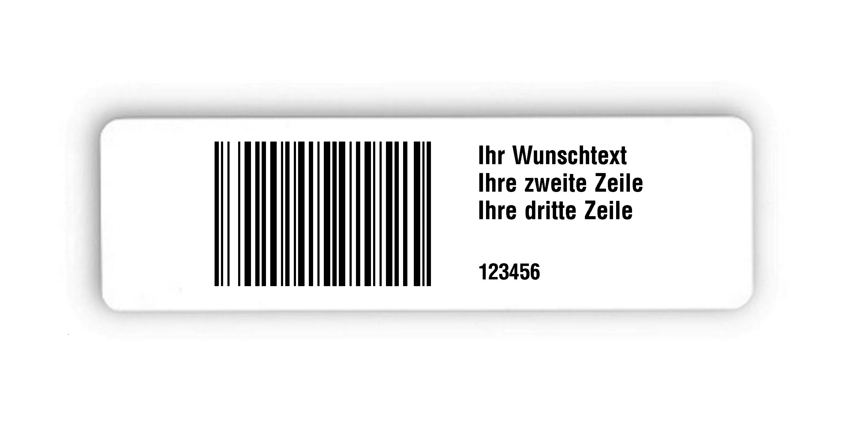 Universaletiketten Material:Polyethylen-Folie hochglänzend weiß Größe:150x50mm Kopfzeile:"Ihr Wunschtext" Barcode:128B Stellenanzahl:6-stellig Ausführung:1 Etikette pro Nummer Menge:1000