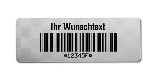 Universaletiketten Material:Siegeletikett Größe:36x13mm Kopfzeile:"Ihr Wunschtext" Barcode:Code 39 mit Prüfziffer Stellenanzahl:6-stellig Ausführung:2 Etiketten pro Nummer Etiketten je Rolle:1000