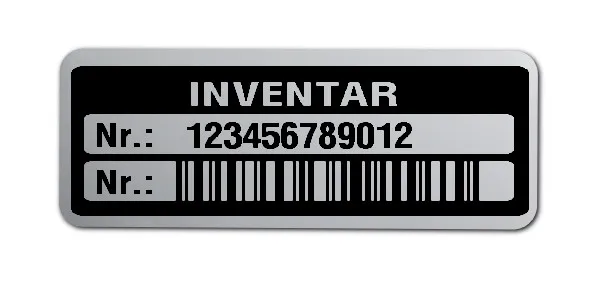 Inventaretiketten Material:Polyester-Folie Silberoptik matt Größe:40x15mm Kopfzeile:"Inventar" Barcode:128C Stellenanzahl:12-stellig Menge:1000