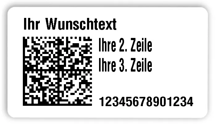 Universaletiketten Material:Folie hochglänzend weiß Größe:54x30mm Kopfzeile:"Ihr Wunschtext" Barcode:DataMatrix Stellenanzahl:14-stellig Ausführung:3 Etiketten pro Nummer Menge:300