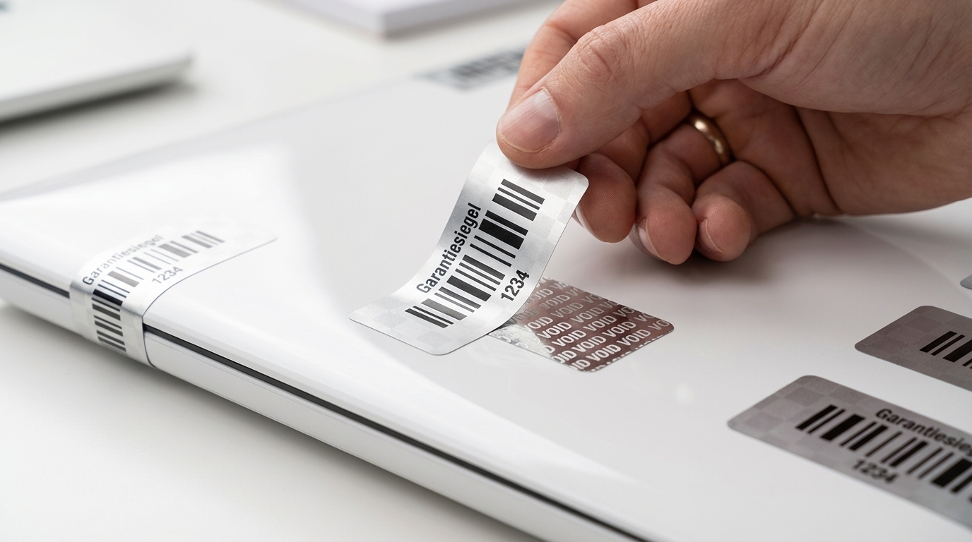 Siegeletiketten mit Schachbrettmuster auf einem Gerät – Manipulationsschutz sichtbar gemacht