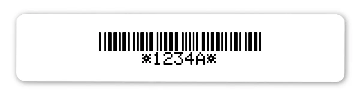 Universaletiketten Material:Polyethylen-Folie weiß matt opak Größe:77x16mm Kopfzeile:"ohne" Barcode:Code 39 mit Prüfziffer Stellenanzahl:5-stellig Ausführung:1 Etikette pro Nummer Menge:100