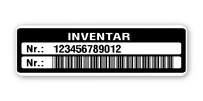 Inventaretiketten Material:Polyethylen-Folie hochglänzend weiß Größe:50x15mm Kopfzeile:"Inventar" Barcode:Code 39 ohne Prüfziffer Stellenanzahl:12-stellig Menge:500