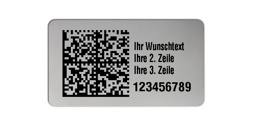 Universaletiketten Material:Polyester-Folie Silberoptik matt Größe:45x25mm Kopfzeile:"Ihr Wunschtext" Barcode:DataMatrix Stellenanzahl:9-stellig Ausführung:1 Etikette pro Nummer Menge:100