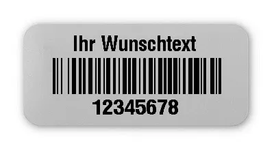 Universaletiketten Material:Folie silber matt Größe:26x12mm Kopfzeile:"Ihr Wunschtext" Barcode:128B Stellenanzahl:8-stellig Ausführung:3 Etiketten pro Nummer Menge:300