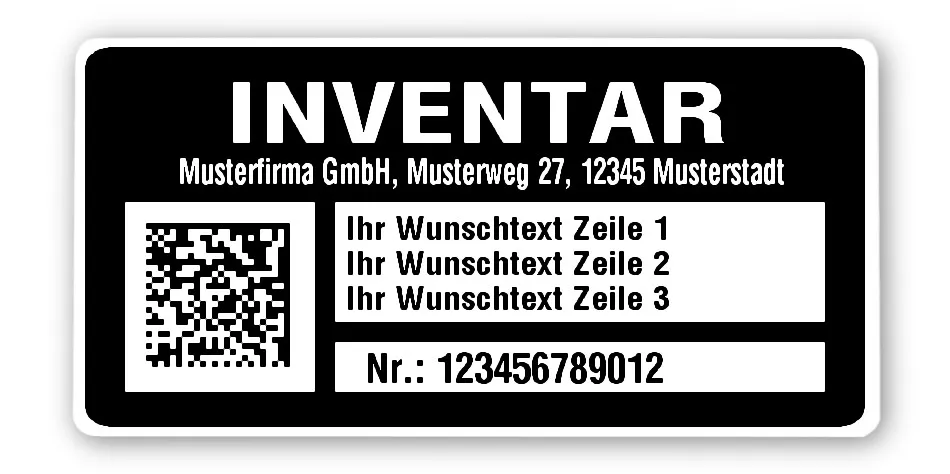 Inventaretiketten Material:Polyethylen-Folie hochglänzend weiß Größe:68x34mm Kopfzeile:"Ihr Wunschtext" Barcode:DataMatrix Stellenanzahl:12-stellig Menge:500
