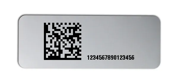 Universaletiketten Material:Folie silber matt Größe:40x15mm Kopfzeile:"ohne" Barcode:DataMatrix Stellenanzahl:16-stellig Ausführung:4 Etiketten pro Nummer Menge:500