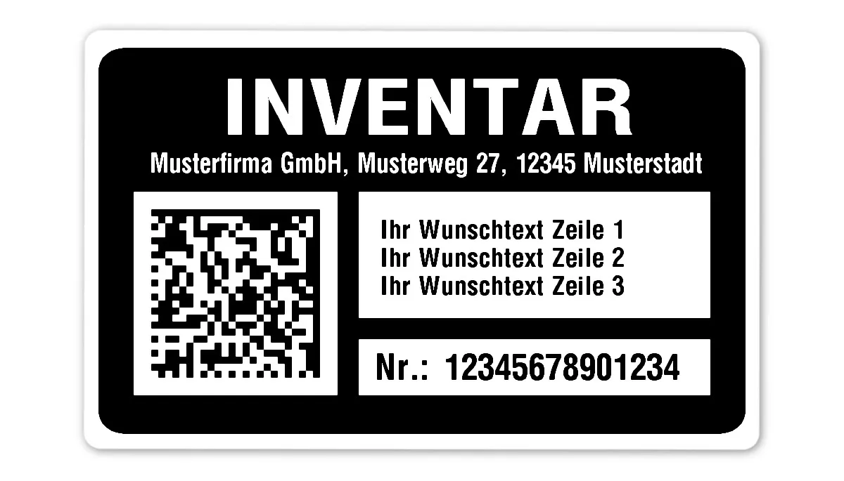 Inventaretiketten Material:Polyethylen-Folie hochglänzend weiß Größe:80x50mm Kopfzeile:"Ihr Wunschtext" Barcode:DataMatrix Stellenanzahl:14-stellig Menge:1000