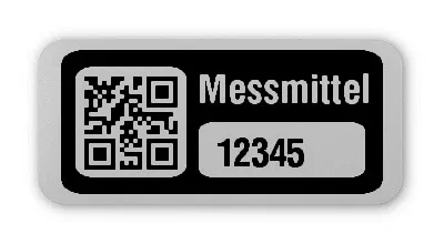 Prüfmitteletiketten Material:Folie silber matt Größe:26x12mm Kopfzeile:"Messmittel" Barcode:QR Stellenanzahl:5-stellig Ausführung:1 Etikett pro Nummer Etiketten je Rolle:500