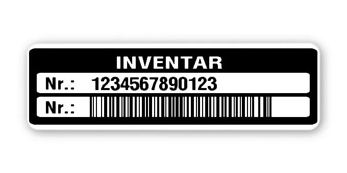 Inventaretiketten Material:Polyethylen-Folie hochglänzend weiß Größe:50x15mm Kopfzeile:"Inventar" Barcode:128B Stellenanzahl:13-stellig Menge:500