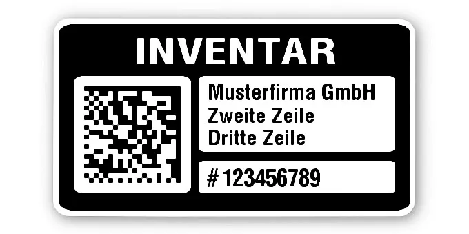Inventaretiketten Material:Polyethylen-Folie hochglänzend weiß Größe:45x25mm Kopfzeile:"Ihr Wunschtext" Barcode:DataMatrix Stellenanzahl:9-stellig Menge:1000