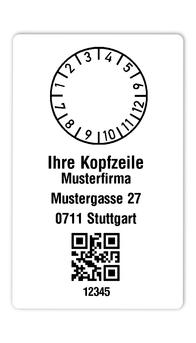 300x Prüfplaketten Folie weiß, 80x50mm, QR 5-stellig ff, Ihr Wunschtext, 1 Etikett pro Nummer