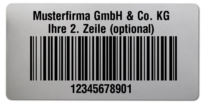 Universaletiketten Material:Polyester-Folie Silberoptik matt Größe:68x34mm Kopfzeile:"Ihr Wunschtext" Barcode:128B Stellenanzahl:11-stellig Ausführung:1 Etikette pro Nummer Menge:100