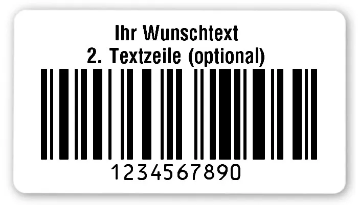 Universaletiketten Material:Polyethylen-Folie hochglänzend weiß Größe:54x30mm Kopfzeile:"Ihr Wunschtext" Barcode:128C Stellenanzahl:10-stellig Ausführung:1 Etikette pro Nummer Menge:100