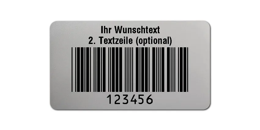 Prüfetiketten Material:Polyester-Folie Silberoptik matt Größe:45x25mm Kopfzeile:"Ihr Wunschtext" Barcode:Code 39 ohne Prüfziffer Stellenanzahl:6-stellig Ausführung:1 Etikette pro Nummer Menge:500