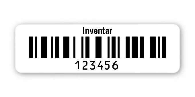 Inventaretiketten Universal Material:Folie weiß Größe:50x15mm Kopfzeile:"Inventar" Barcode:128C Stellenanzahl:6-stellig Ausführung:1 Etikett pro Nummer Etiketten je Rolle:100