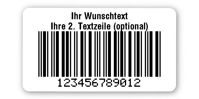 Universaletiketten Material:Folie hochglänzend weiß Größe:45x25mm Kopfzeile:"Ihr Wunschtext" Barcode:2a5 mit Prüfziffer Stellenanzahl:12-stellig Ausführung:3 Etiketten pro Nummer Menge:300