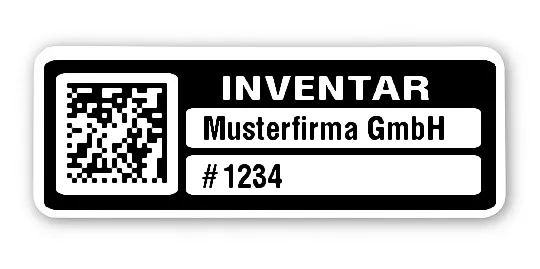 Inventaretiketten Material:Polyethylen-Folie hochglänzend weiß Größe:40x15mm Kopfzeile:"Ihr Wunschtext" Barcode:DataMatrix Stellenanzahl:4-stellig Menge:100