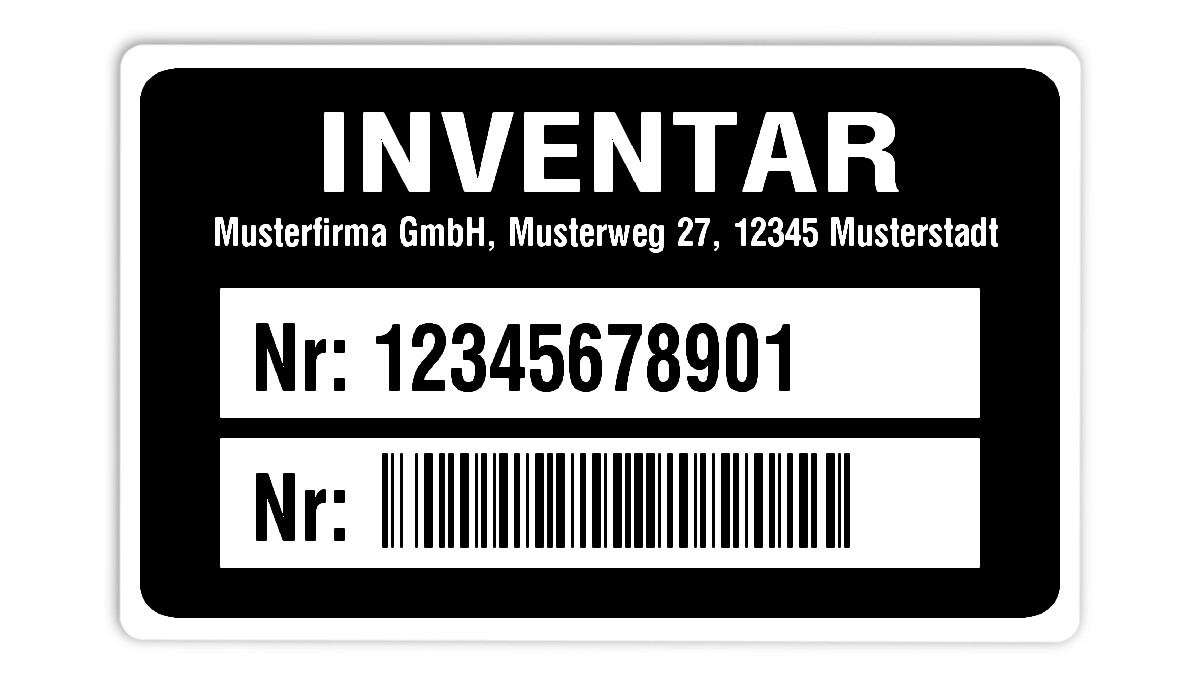 100x Inventaretiketten Folie weiß, 80x50mm, 128B 11-stellig ff, Ihr Wunschtext, 1 Etikett pro Nummer