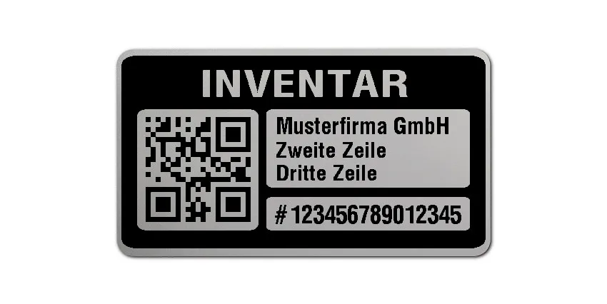 Inventaretiketten Material:Polyester-Folie Silberoptik matt Größe:45x25mm Kopfzeile:"Ihr Wunschtext" Barcode:QR Stellenanzahl:15-stellig Menge:500
