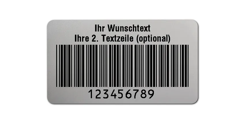 Universaletiketten Material:Polyester-Folie Silberoptik matt Größe:45x25mm Kopfzeile:"Ihr Wunschtext" Barcode:Code 39 ohne Prüfziffer Stellenanzahl:9-stellig Ausführung:1 Etikette pro Nummer Menge:100