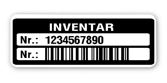 Inventaretiketten Material:Polyethylen-Folie hochglänzend weiß Größe:40x15mm Kopfzeile:"Inventar" Barcode:128C Stellenanzahl:10-stellig Menge:500