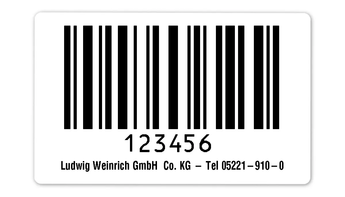 Sonderetiketten Material:Polyethylen-Folie hochglänzend weiß Größe:80x50mm Kopfzeile:"ohne" Barcode:128C Stellenanzahl:6-stellig Ausführung:2 Etiketten pro Nummer Menge:1000