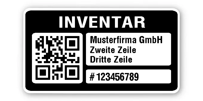 Inventaretiketten Material:Polyethylen-Folie hochglänzend weiß Größe:45x25mm Kopfzeile:"Ihr Wunschtext" Barcode:QR Stellenanzahl:9-stellig Menge:500