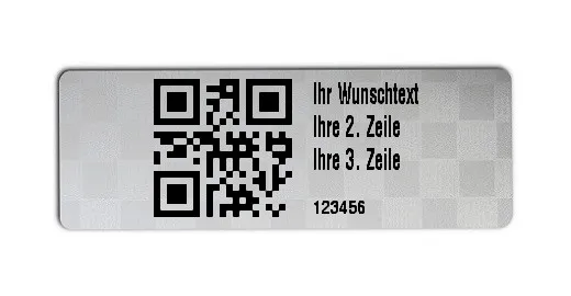 Universaletiketten Material:Siegeletikett Größe:36x13mm Kopfzeile:"Ihr Wunschtext" Barcode:QR Stellenanzahl:6-stellig Ausführung:2 Etiketten pro Nummer Etiketten je Rolle:1000