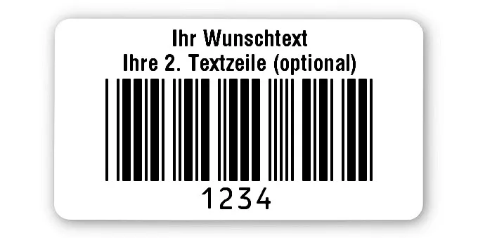 Universaletiketten Material:Polyethylen-Folie hochglänzend weiß Größe:45x25mm Kopfzeile:"Ihr Wunschtext" Barcode:Code 39 ohne Prüfziffer Stellenanzahl:4-stellig Ausführung:1 Etikette pro Nummer Menge:100