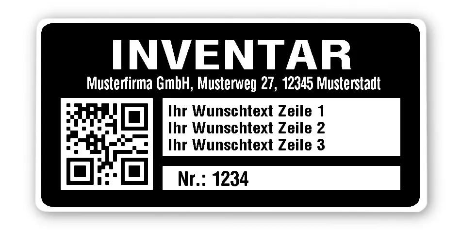 Inventaretiketten Material:Polyethylen-Folie hochglänzend weiß Größe:68x34mm Kopfzeile:"Ihr Wunschtext" Barcode:QR Stellenanzahl:4-stellig Menge:100