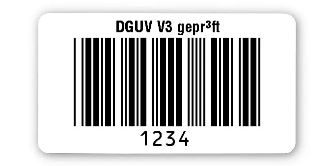 Prüfetiketten Material:Polyethylen-Folie hochglänzend weiß Größe:45x25mm Kopfzeile:"DGUV V3 geprüft" Barcode:Code 39 ohne Prüfziffer Stellenanzahl:4-stellig Ausführung:1 Etikette pro Nummer Menge:500