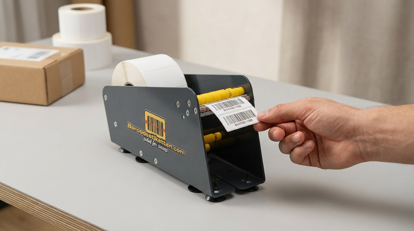Etikettenspender im Versandlager – manueller Tischspender mit Etikettenrolle