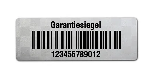 Siegeletiketten Material:Polyester-Folie Silberoptik Siegeletikette Größe:36x13mm Kopfzeile:"Garantiesiegel" Barcode:128C Stellenanzahl:12-stellig Menge:100
