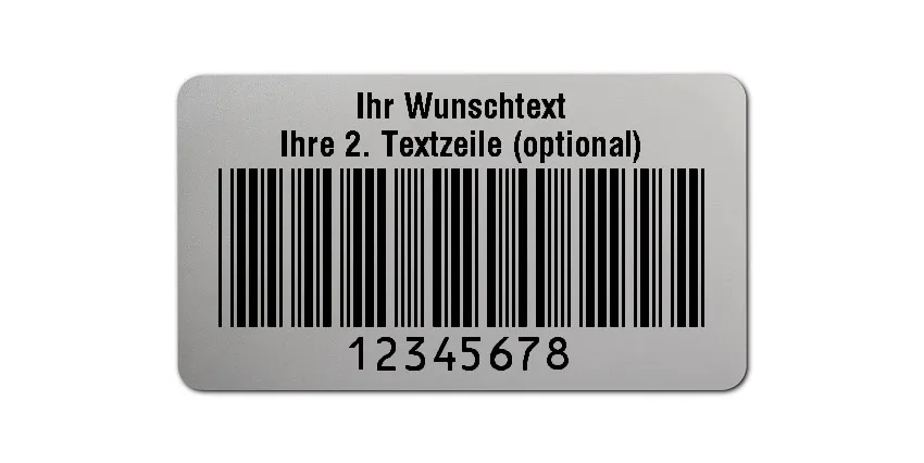 Inventaretiketten Universal Material:Folie silber matt Größe:45x25mm Kopfzeile:"Ihr Wunschtext" Barcode:Code 39 ohne Prüfziffer Stellenanzahl:8-stellig Ausführung:1 Etikett pro Nummer Etiketten je Rolle:100