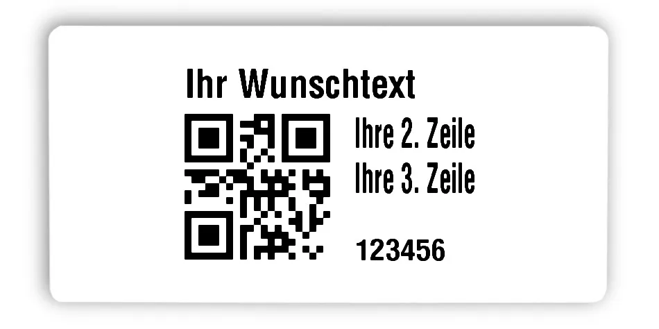 Universaletiketten Material:Polyethylen-Folie hochglänzend weiß Größe:68x34mm Kopfzeile:"Ihr Wunschtext" Barcode:QR Stellenanzahl:6-stellig Ausführung:1 Etikette pro Nummer Menge:100