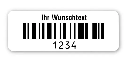 Produktbild:Universaletiketten Material:Folie weiß Größe:40x15mm Kopfzeile:"Ihr Wunschtext" Barcode:128C Stellenanzahl:4-stellig Ausführung:1 Etikett pro Nummer Etiketten je Rolle:100