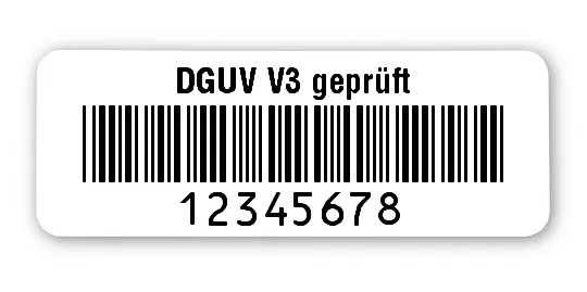 Prüfetiketten Material:Polyethylen-Folie hochglänzend weiß Größe:40x15mm Kopfzeile:"DGUV V3 geprüft" Barcode:Code 39 ohne Prüfziffer Stellenanzahl:8-stellig Ausführung:1 Etikette pro Nummer Menge:500