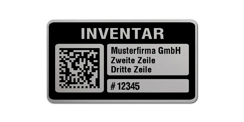 Inventaretiketten Material:Polyester-Folie Silberoptik matt Größe:45x25mm Kopfzeile:"Ihr Wunschtext" Barcode:DataMatrix Stellenanzahl:5-stellig Menge:1000