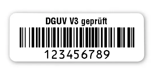 Prüfetiketten Material:Polyethylen-Folie hochglänzend weiß Größe:40x15mm Kopfzeile:"DGUV V3 geprüft" Barcode:128B Stellenanzahl:9-stellig Ausführung:1 Etikette pro Nummer Menge:1000