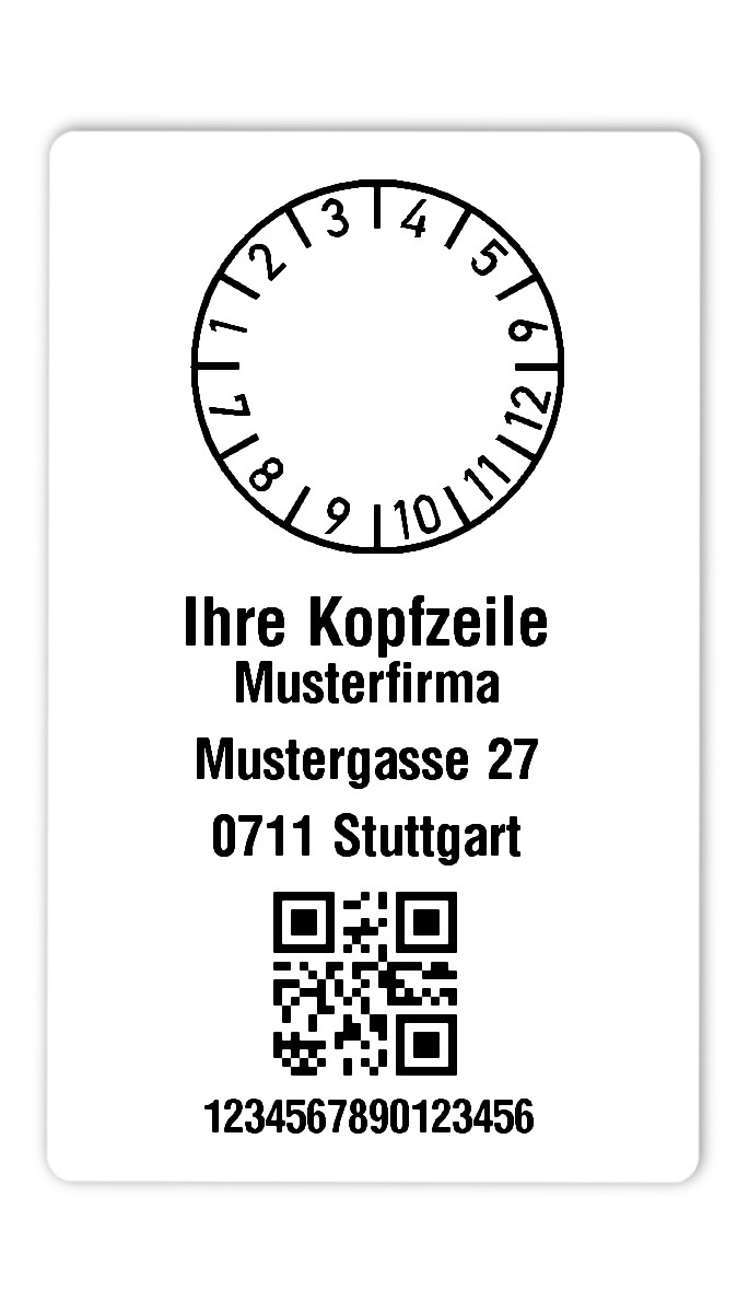 300x Prüfplaketten Folie weiß, 80x50mm, QR 16-stellig ff, Ihr Wunschtext, 1 Etikett pro Nummer