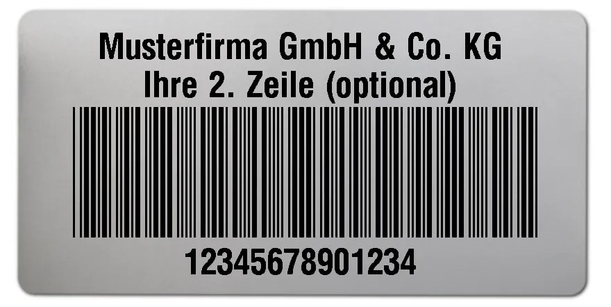 Universaletiketten Material:Polyester-Folie Silberoptik matt Größe:68x34mm Kopfzeile:"Ihr Wunschtext" Barcode:Code 39 ohne Prüfziffer Stellenanzahl:14-stellig Ausführung:1 Etikette pro Nummer Menge:500