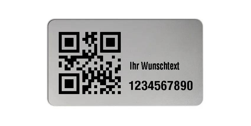 Inventaretiketten Universal Material:Polyester-Folie Silberoptik matt Größe:45x25mm Kopfzeile:"Ihr Wunschtext" Barcode:QR Stellenanzahl:10-stellig Menge:1000