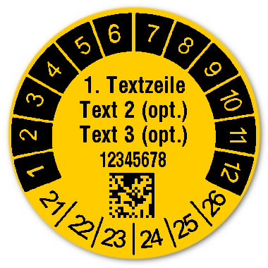 Produktbild:Prüfetiketten Material:Folie gelb Größe:Ø 30mm Kopfzeile:"Ihr Wunschtext" Barcode:DataMatrix Stellenanzahl:8-stellig Ausführung:1 Etikett pro Nummer Etiketten je Rolle:1000