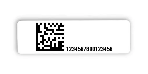Universaletiketten Material:Polyethylen-Folie hochglänzend weiß Größe:31x9mm Kopfzeile:"ohne" Barcode:DataMatrix Stellenanzahl:16-stellig Ausführung:1 Etikette pro Nummer Menge:500