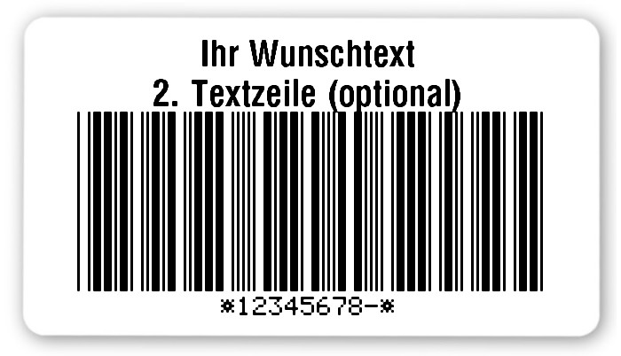 1000x Etiketten Folie weiß, 54x30mm, Code 39 mit Prüfziffer 9-stellig ff, Ihr Wunschtext, 1 Etikett pro Nummer