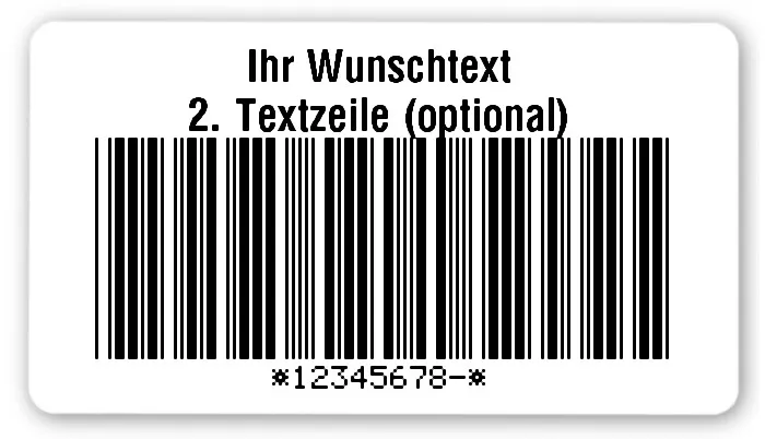 Universaletiketten Material:Polyethylen-Folie hochglänzend weiß Größe:54x30mm Kopfzeile:"Ihr Wunschtext" Barcode:Code 39 mit Prüfziffer Stellenanzahl:9-stellig Ausführung:1 Etikette pro Nummer Menge:1000