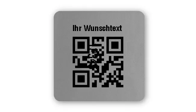 Universaletiketten Material:Folie silber matt Größe:26x26mm Kopfzeile:"Ihr Wunschtext" Barcode:QR Stellenanzahl:5-stellig Ausführung:4 Etiketten pro Nummer Menge:100