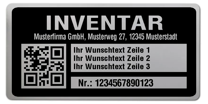Inventaretiketten Material:Polyester-Folie Silberoptik matt Größe:68x34mm Kopfzeile:"Ihr Wunschtext" Barcode:QR Stellenanzahl:13-stellig Menge:1000